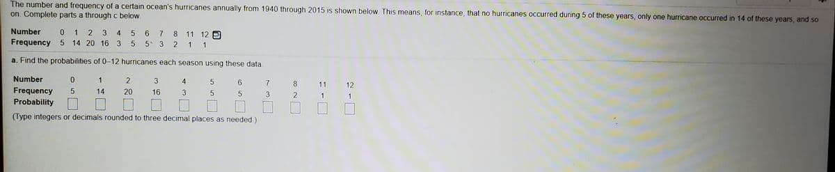 The number and frequency of a certain ocean's hurricanes annually from 1940 through 2015 is shown below. This means, for instance, that no hurricanes occurred during 5 of these years, only one hurricane occurred in 14 of these years, and so
on. Complete parts a through c below.
0 1 2 3
Frequency 5 14 20 16 3
Number
6 7
5 3
8 11 12 E
2 1 1
4
a. Find the probabilities of 0–12 hurricanes each season using these data.
Number
1
2
3
4
6.
7
8
11 12
Frequency
Probability
14
20
16
3
3
2
1
1
(Type integers or decimals rounded to three decimal places as needed.)
