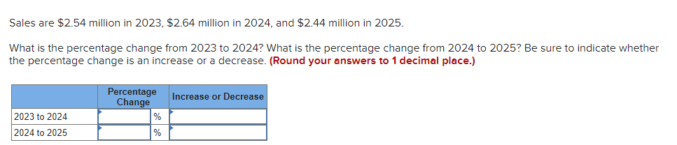 Sales are $2.54 million in 2023, $2.64 million in 2024, and $2.44 million in 2025.
What is the percentage change from 2023 to 2024? What is the percentage change from 2024 to 2025? Be sure to indicate whether
the percentage change is an increase or a decrease. (Round your answers to 1 decimal place.)
2023 to 2024
2024 to 2025
Percentage
Change
%
%
Increase or Decrease