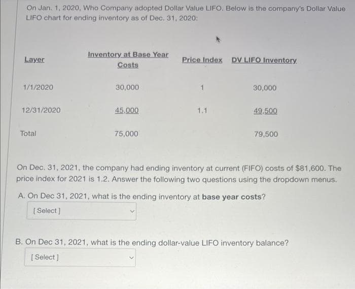 On Jan. 1, 2020, Who Company adopted Dollar Value LIFO. Below is the company's Dollar Value
LIFO chart for ending inventory as of Dec. 31, 2020:
Layer
1/1/2020
12/31/2020
Total
Inventory at Base Year
Costs
30,000
45,000
75,000
Price Index DV LIFO Inventory.
1.1
30,000
49,500
79,500
On Dec. 31, 2021, the company had ending inventory at current (FIFO) costs of $81,600. The
price index for 2021 is 1.2. Answer the following two questions using the dropdown menus.
A. On Dec 31, 2021, what is the ending inventory at base year costs?
[ Select]
B. On Dec 31, 2021, what is the ending dollar-value LIFO inventory balance?
[Select]