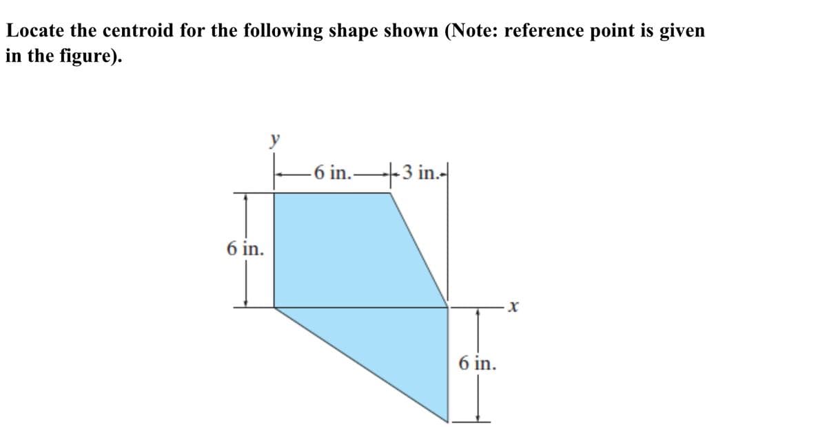 Locate the centroid for the following shape shown (Note: reference point is given
in the figure).
6 in.
y
6 in.3 in.
6 in.
X