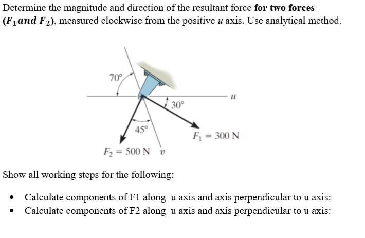 Determine the magnitude and direction of the resultant force for two forces
(F₁and F₂), measured clockwise from the positive u axis. Use analytical method.
70°
45°
30°
F₁ = 300 N
F₂ = 500 N v
Show all working steps for the following:
Calculate components of F1 along u axis and axis perpendicular to u axis:
Calculate components of F2 along u axis and axis perpendicular to u axis: