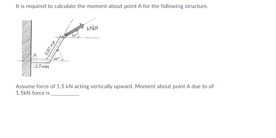 It is required to calculate the moment about point A for the following structure.
15KN
A
120mm
Assume force of 1.5 kN acting vertically upward. Moment about point A due to of
1.5kN force is
