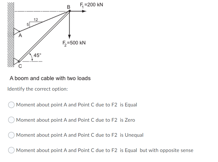 B
F =200 kN
12
A
F,=500 kN
45°
A boom and cable with two loads
Identify the correct option:
Moment about point A and Point C due to F2 is Equal
Moment about point A and Point C due to F2 is Zero
Moment about point A and Point C due to F2 is Unequal
Moment about point A and Point C due to F2 is Equal but with opposite sense
