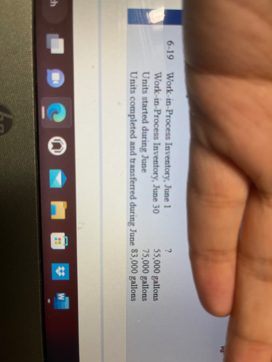 ch
6-19
Work-in-Process Inventory, June 1
Work-in-Process Inventory, June 30
Units started during June
?
55,000 gallons
75,000 gallons
Units completed and transferred during June 83,000 gallons