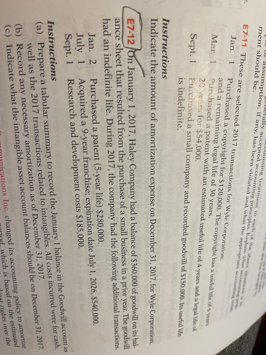 Illounting treatmnent in each of the above situations is in
UI' assumption, if any, has been violated and what the appropriate accounting treat
lerally accepted accounting principles. Explain what accounting prin-
ment should be.
E7-11 These are selected 2017 transactions for Wyle Corporation:
.000
Jan.
1
Purchased a copyright for $120,000. The copyright has a useful life of 6 years
and a remaining legal life of 30 years.
Purchased a patent with an estimated useful life of 4 years and a legal life of
20 years for $54,000.
Purchased a small company and recorded goodwill of $150,000. Its useful life
is indefinite.
Mar. 1
Sept. 1
Instructions
Indicate the amount of amortization expense on December 31, 2017, for Wyle Corporation.
E7-12 /On January 1, 2017, Haley Company had a balance of $360,000 of goodwill on its bal-
ance sheet that resulted from the purchase of a small business in a prior year. The goodwill
had an indefinite life. During 2017, the company had the following additional transactions.
Purchased a patent (5-year life) $280,000.
Acquired a 9-year franchise; expiration date July 1, 2026, $540,000.
Research and development costs $185,000.
Jan. 2
July 1
Sept. 1
(a) Prepare a tabular summary to record the January 1 balance in the Goodwill account as
well as the 2017 transactions related to intangibles. All costs incurred were for cash.
Instructions
(c) Indicate what the intangible asset account balances should be on December 31, 2017.
rights over the
içations Inc. changed its accounting policy to amortize
nd, which is based on the estimated
(b) Record any necessary amortization as of December 31, 2017.
