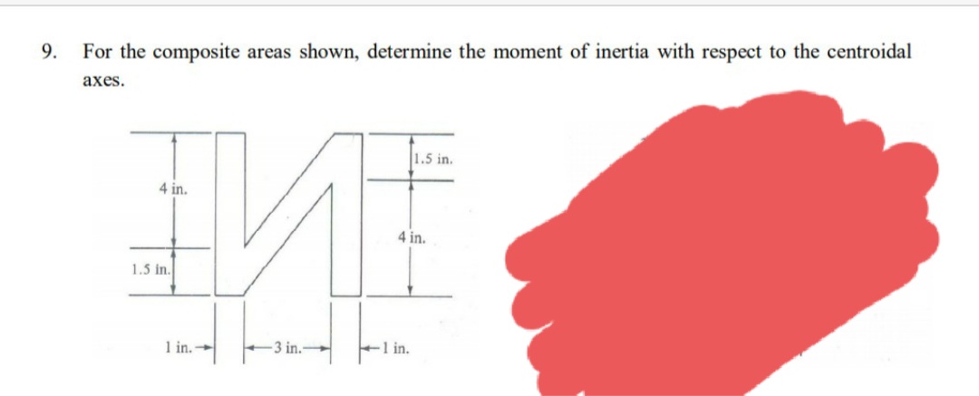 9.
For the composite areas shown, determine the moment of inertia with respect to the centroidal
axes.
1.5 in.
4 in.
4 in.
1.5 in.
1 in.
3 in.
-1 in.
