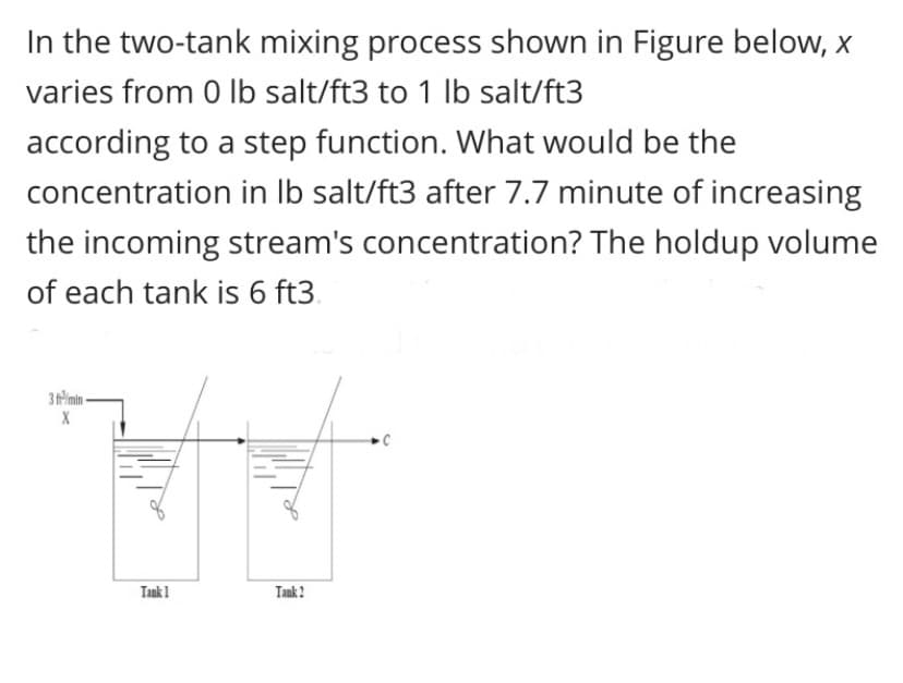 In the two-tank mixing process shown in Figure below, x
varies from 0 lb salt/ft3 to 1 lb salt/ft3
according to a step function. What would be the
concentration in lb salt/ft3 after 7.7 minute of increasing
the incoming stream's concentration? The holdup volume
of each tank is 6 ft3.
3 f/min-
X
Tank 2
Tank 1