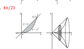 The image contains two graphs side by side:

1. **Left Graph**:
   - The axes are labeled \( x \) and \( y \).
   - Two curves are plotted: 
     - The line \( y = x \), which is a straight line passing through the origin with a slope of 1.
     - The curve \( y = x^3 \), which passes through the origin and is concave upwards.
   - The region between the two curves is shaded. This shaded area is bounded by the curves \( y = x \) and \( y = x^3 \), and is between the points \( (0, 0) \) and \( (1, 1) \).

2. **Right Graph**:
   - The axes are labeled \( z \) and \( x \).
   - The diagram shows a three-dimensional solid that resembles a horn or trumpet shape.
   - This solid is a result of rotating the shaded area between \( y = x \) and \( y = x^3 \) in the left graph around the \( x \)-axis.

In the top left corner, there is a numerical expression written in red: \( .4\pi/21 \).