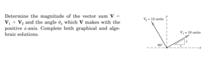 Determine the magnitude of the vector sum V =
V₁ + V₂ and the angle 0, which V makes with the
positive x-axis. Complete both graphical and alge-
braic solutions.
V₂ = 12 units
60°
V₁ = 10 units