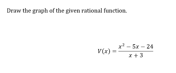 Draw the graph of the given rational function.
V(x):
=
x²5x24
x + 3