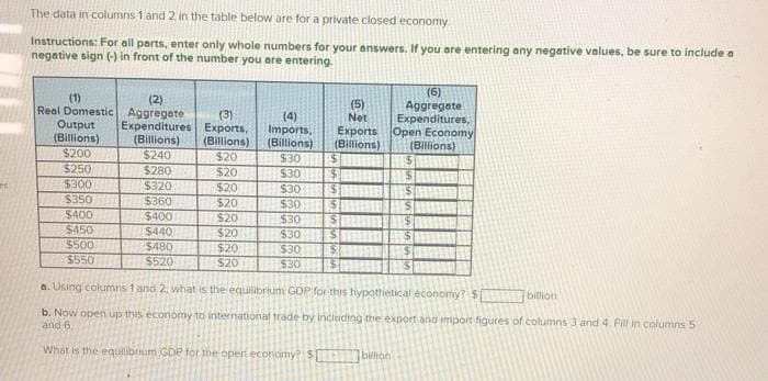 The data in columns 1 and 2 in the table below are for a private closed economy
Instructions: For all parts, enter only whole numbers for your answers. If you are entering any negative values, be sure to include a
negative sign (-) in front of the number you are entering.
(1)
Real Domestic Aggregate
Output
(Billions)
$200
(6)
Aggregate
Expenditures,
Exports Open Economy
(Billions)
(2)
(5)
Net
(3)
Expenditures Exports,
(Billions)
$20
$20
$20
(4)
Imports,
(Billions)
$30
(Billions)
(Billions)
$240
$250
$300
$350
$280
$30
$320
$30
$360
$20
$30
$400
$400
$20
$30
$450
$440
$480
$520
$20
$30
S
%24
$500
$550
$20
$20
$30
$30
a. Using columns 1 and 2, what is the equilibrium GDP for this hypothietical economy? $
billion
b. Now open up this economy to international trade by Including the export and import figures of columns 3 and 4. Fill in columns 5
and 6
What is the equilibrium GDP for the open economy? $
billion
