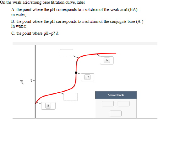 On the weak add/strong base titration curve, label
A. the point where the pH corresponds to a solution of the weak add (HA)
in water;
B. the point where the pH corresponds to a solution of the conjugate base (A)
in water;
C. the point where pH=p? ?.
Answer Bonk
Hd
