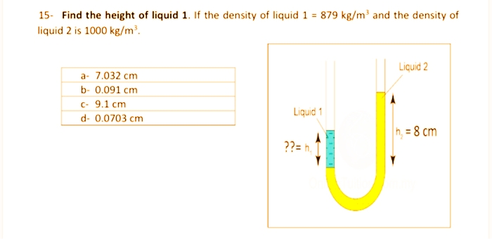 15 Find the height of liquid 1. If the density of liquid 1 = 879 kg/m³ and the density of
liquid 2 is 1000 kg/m³.
a- 7.032 cm
b- 0.091 cm
c- 9.1 cm
d- 0.0703 cm
Liquid 1
??=h₂
COCO
Liquid 2
= 8 cm