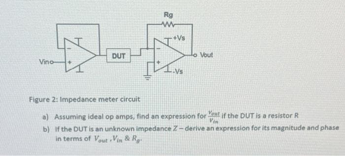 Vino-
DUT
Rg
www
+Vs
o Vout
Figure 2: Impedance meter circuit
a) Assuming ideal op amps, find an expression for Your if the DUT is a resistor R
Vin
b)
If the DUT is an unknown impedance Z-derive an expression for its magnitude and phase
in terms of Vout Vin & Rg.