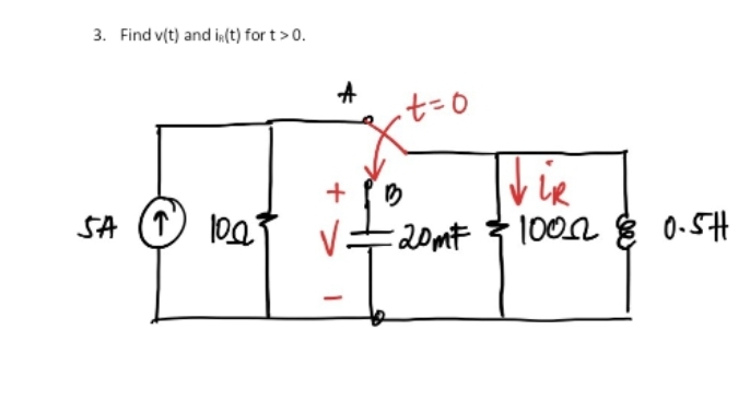 3. Find v(t) and in(t) for t > 0.
SA (1 100²
A
V:
9=7
iR
1002 & 0.5H
B
-20mF & 1000