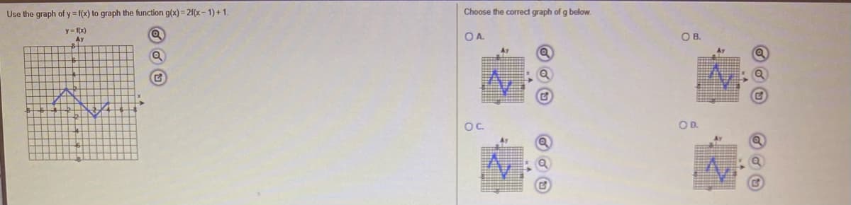 Use the graph of y = f(x) to graph the function g(x) = 2f(x- 1) +1.
Choose the correct graph of g below.
y = f(x)
AY
OB.
OA.
OC.
OD.
