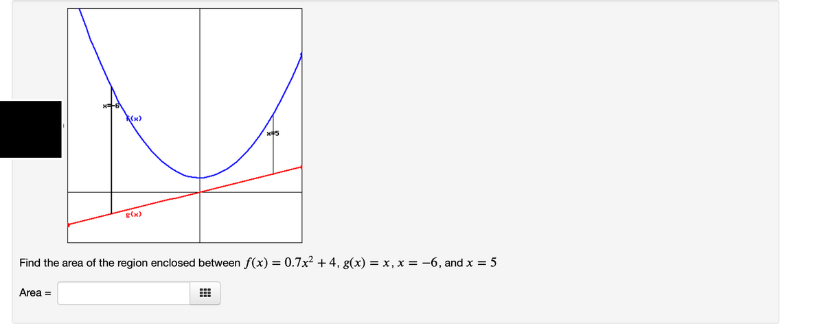 **Problem Statement:**
Find the area of the region enclosed between the curves \(f(x) = 0.7x^2 + 4\) and \(g(x) = x\), within the interval \(x = -6\) to \(x = 5\).

**Graph Description:**
- The graph displays two functions: \(f(x) = 0.7x^2 + 4\) (in blue) and \(g(x) = x\) (in red).
- The blue curve (\(f(x)\)) represents a parabola opening upwards with its vertex above the x-axis.
- The red line (\(g(x)\)) represents a straight line with a slope of 1.
- Vertical lines are plotted at \(x = -6\) and \(x = 5\) to mark the boundaries of the interval we're interested in.

**Graph Analysis:**
- The parabola \(f(x)\) intersects the y-axis above the line \(g(x)\), indicating they enclose an area between the two curves over the interval.
- The region of interest is the area between these two curves from \(x = -6\) to \(x = 5\).

**Area Calculation:**
To find the area \(A\) between the functions, you can use the integral of the difference between the functions over the given interval:
\[ A = \int_{-6}^{5} \left[ f(x) - g(x) \right] dx \]
Substitute the given functions into the integral:
\[ A = \int_{-6}^{5} \left[ (0.7x^2 + 4) - x \right] dx \]
\[ A = \int_{-6}^{5} \left[ 0.7x^2 + 4 - x \right] dx \]

Evaluate the integral to find the area.

**Input Box:**
An input box labeled "Area =" is provided for students or users to enter the calculated area after they have evaluated the integral.