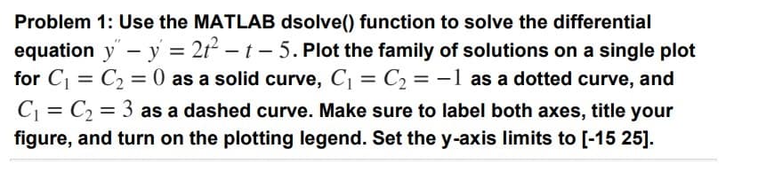 Problem 1: Use the MATLAB dsolve() function to solve the differential
equation y" - y = 21² - t- 5. Plot the family of solutions on a single plot
for C₁ = C₂ = 0 as a solid curve, C₁=C₂ = -1 as a dotted curve, and
C₁ C₂ =3 as a dashed curve. Make sure to label both axes, title your
figure, and turn on the plotting legend. Set the y-axis limits to [-15 25].