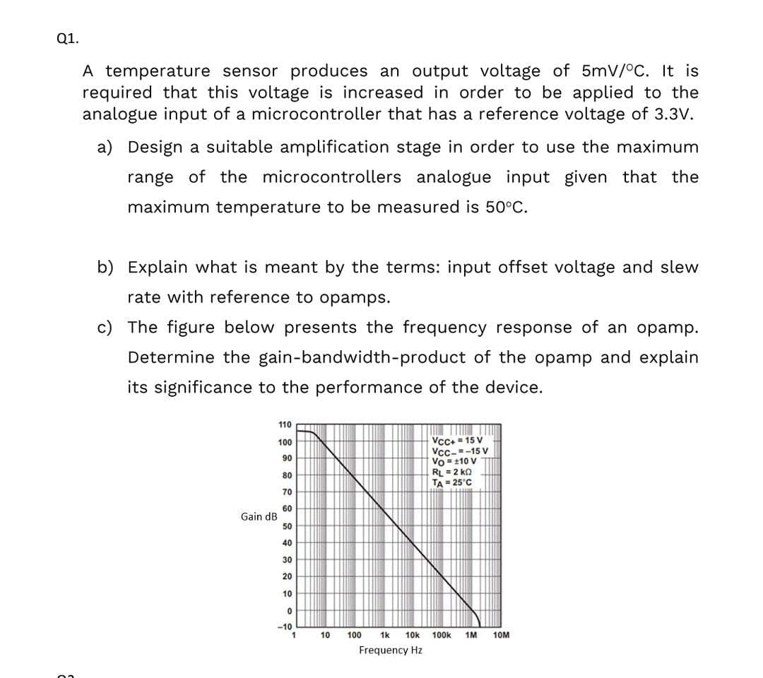 Q1.
A temperature sensor produces an output voltage of 5mV/°C. It is
required that this voltage is increased in order to be applied to the
analogue input of a microcontroller that has a reference voltage of 3.3V.
a) Design a suitable amplification stage in order to use the maximum
range of the microcontrollers analogue input given that the
maximum temperature to be measured is 50°C.
b) Explain what is meant by the terms: input offset voltage and slew
rate with reference to opamps.
c) The figure below presents the frequency response
an opamp.
Determine the gain-bandwidth-product of the opamp and explain
its significance to the performance of the device.
110
Vcc+ = 15 V
Vcc-=-15 V
Vo = 10 V
RL = 2 kQ
TA = 25°C
100
90
80
70
60
Gain dB
50
40
30
20
10
-10
1
10
100
1k
10k
100k
1M
10M
Frequency Hz
