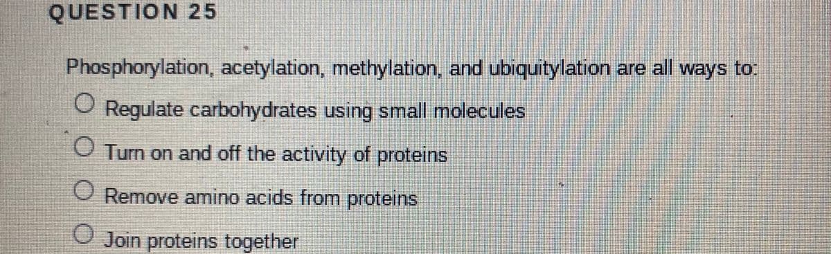 QUESTION 25
Phosphorylation, acetylation, methylation, and ubiquitylation are all ways to:
Regulate carbohydrates using small molecules
O Turn on and off the activity of proteins
O Remove amino acids from proteins
O Join proteins together
