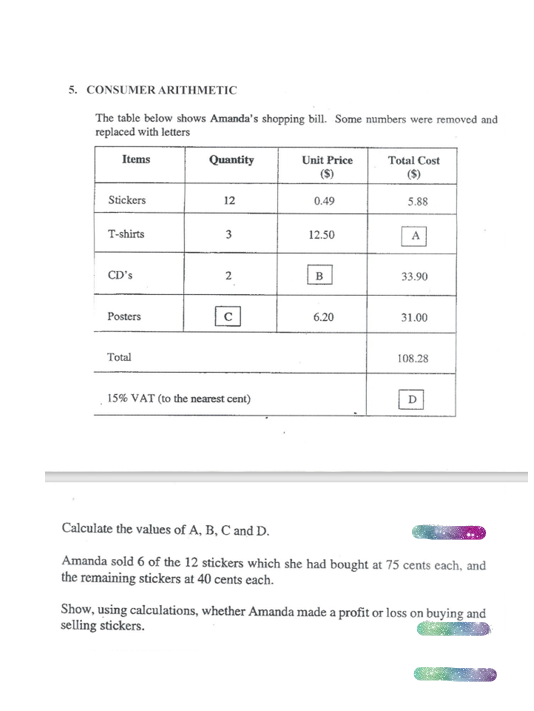 5. CONSUMER ARITHMETIC
The table below shows Amanda's shopping bill. Some numbers were removed and
replaced with letters
Items
Stickers
T-shirts
CD's
Posters
Total
Quantity
12
3
2
15% VAT (to the nearest cent)
Unit Price
(S)
0.49
12.50
B
6.20
Total Cost
($)
5.88
A
33.90
31.00
108.28
D
Calculate the values of A, B, C and D.
Amanda sold 6 of the 12 stickers which she had bought at 75 cents each, and
the remaining stickers at 40 cents each.
Show, using calculations, whether Amanda made a profit or loss on buying and
selling stickers.