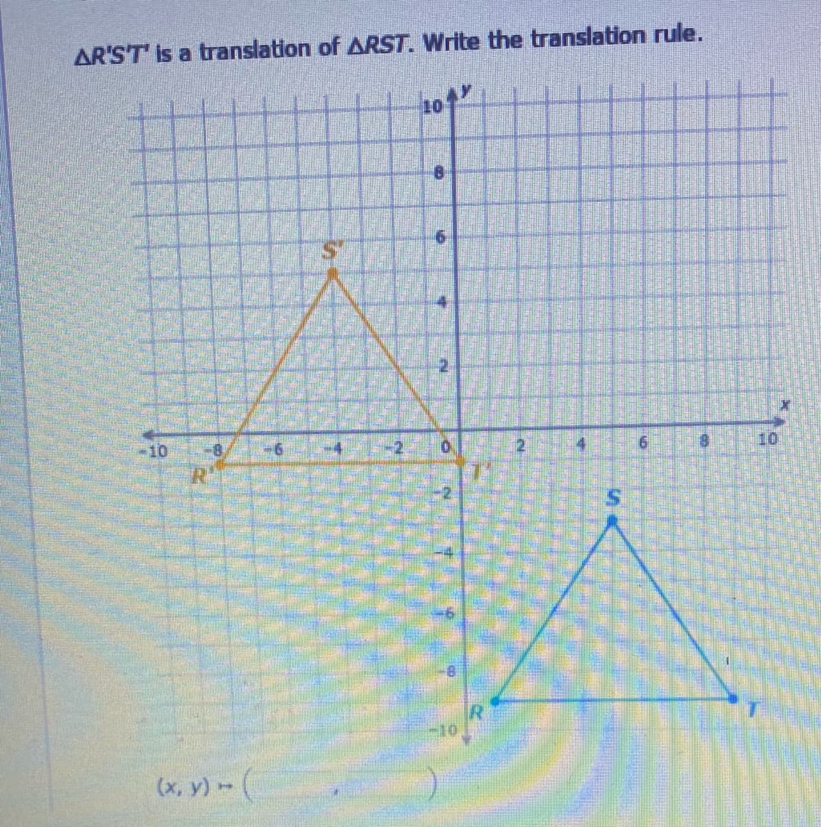 AR'ST' is a translation of ARST. Write the translation rule.
10
10
-10
(x, y)
