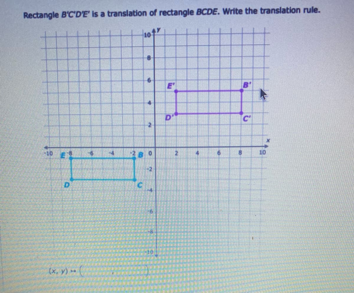 Rectangle B'C'D'E' is a translation of rectangle BCDE. Write the translation rule.
101
D'
-10
2.
10
(x, v) *- (
6.
