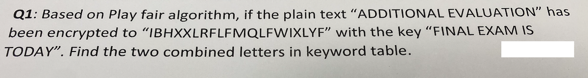 Q1: Based on Play fair algorithm, if the plain text "ADDITIONAL EVALUATION" has
been encrypted to "IBHXXLRFLFMQLFWIXLYF" with the key "FINAL EXAM IS
TODAY". Find the two combined letters in keyword table.