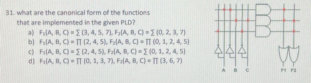 31. what are the canonical form of the functions
that are implemented in the given PLD?
a) F₁ (A, B, C) = Σ(3, 4, 5, 7), F₂(A, B, C) =
(0, 2, 3, 7)
b) F₁(A, B, C) = TT (2, 4, 5), F₂(A, B, C) = TT (0, 1, 2, 4, 5)
(2, 4, 5), F2(A, B, C) = (0, 1, 2, 4, 5)
c) F₁(A, B, C) =
d) F₁(A, B, C) = TT (0, 1, 3, 7), F2(A, B, C) = TT (3, 6, 7)
444
A
O
F1 F2