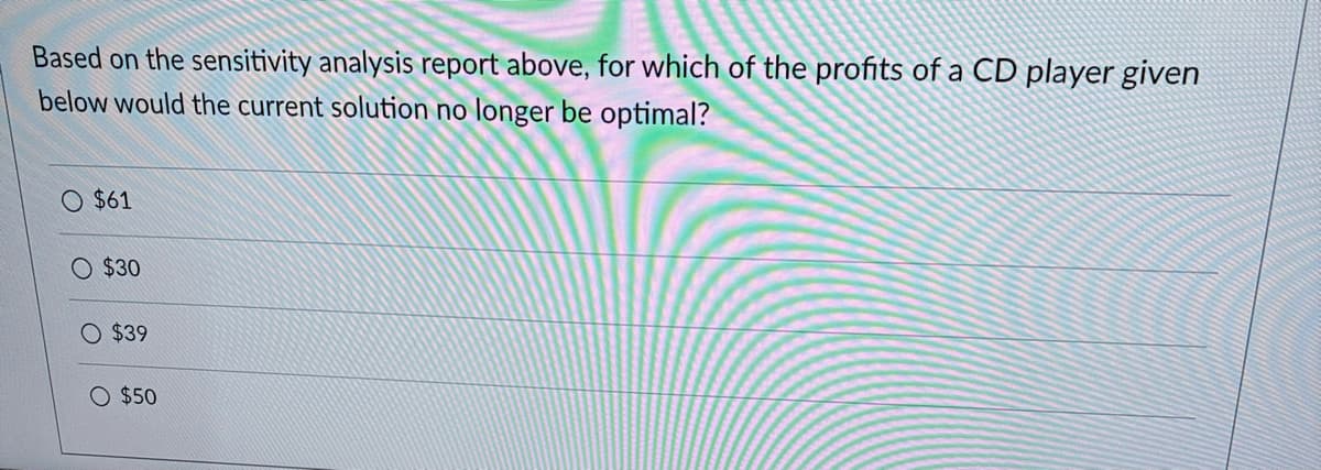 Based on the sensitivity analysis report above, for which of the profits of a CD player given
below would the current solution no longer be optimal?
$61
○ $30
$39
O $50