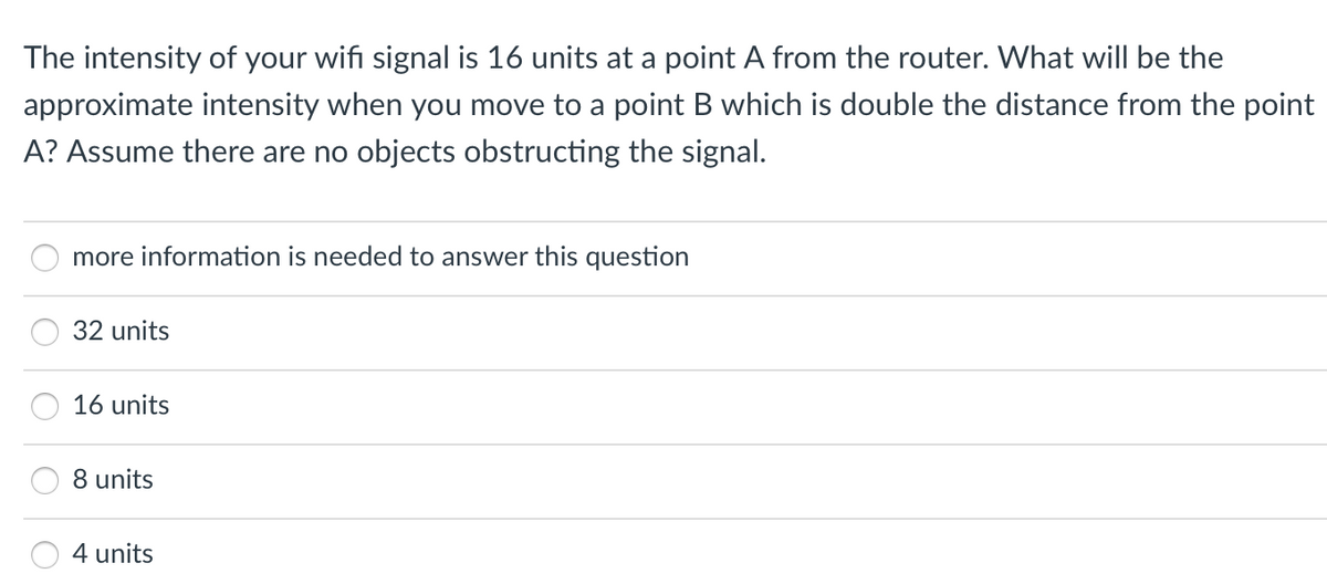 The intensity of your wifi signal is 16 units at a point A from the router. What will be the
approximate intensity when you move to a point B which is double the distance from the point
A? Assume there are no objects obstructing the signal.
more information is needed to answer this question
32 units
16 units
8 units
4 units
