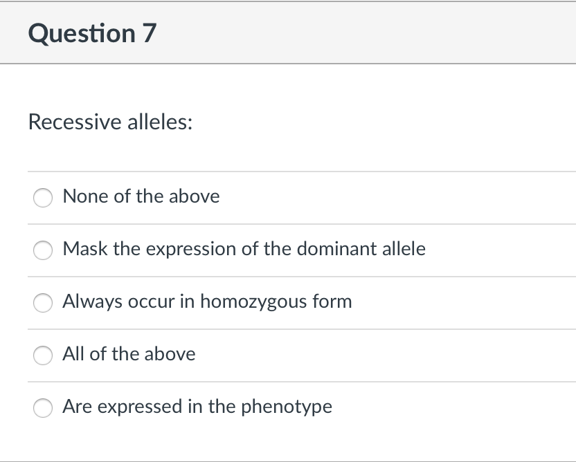 Question 7
Recessive alleles:
None of the above
Mask the expression of the dominant allele
Always occur in homozygous form
All of the above
Are expressed in the phenotype
