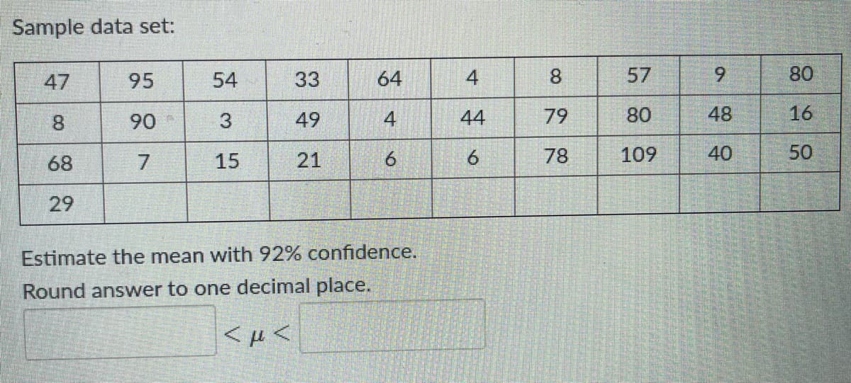 Sample data set:
47
95
54
33
64
4
8.
57
80
8
90
3.
49
4
44
79
80
48
16
68
7
15
21
78
109
40
50
29
Estimate the mean with 92% confidence.
Round answer to one decimal place.
9,
6.
