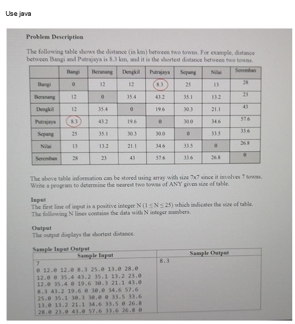 Use java
Problem Description
The following table shows the distance (in km) between two towns. For example, distance
between Bangi and Putrajaya is 8.3 km, and it is the shortest distance between two towns.
Sepang Nilai Seremban
25
13
Bangi Beranang Dengkil
0
12
12
Bangi
Beranang
12
Dengkil
12
Putrajaya 83
Sepang
25
Nilai
Seremban
13
28
0
35.4
43.2
35.1
13.2
23
Sample Input Output
35.4
0
19.6
30.3
21.1
43
Sample Input
Output
The output displays the shortest distance.
Putrajaya
8.3
19.6
0
30.0
34.6
57.6
7
e 12.0 12.0 8.3 25.0 13.0 28.0
12.0 e 35.4 43.2 35.1 13.2 23.0
12.0 35.4 e 19.6 30.3 21.1 43.0
8.3 43.2 19.6 0 30.0 34.6 57.6
25.0 35.1 30.3 30.00 33.5 33.6
13.0 13.2 21.1 34.6 33.5 @ 26.8
28.0 23.0 43.0 57.6 33.6 26.8 0
35.1
30.3
30.0
8.3
0
33.5
33.6
21.1
34.6
33.5
0
The above table information can be stored using array with size 7x7 since it involves 7 towns.
Write a program to determine the nearest two towns of ANY given size of table.
26.8
Input
The first line of input is a positive integer N (1 ≤N≤25) which indicates the size of table.
The following N lines contains the data with N integer numbers.
28
23
43
Sample Output
57.6
33.6
26.8