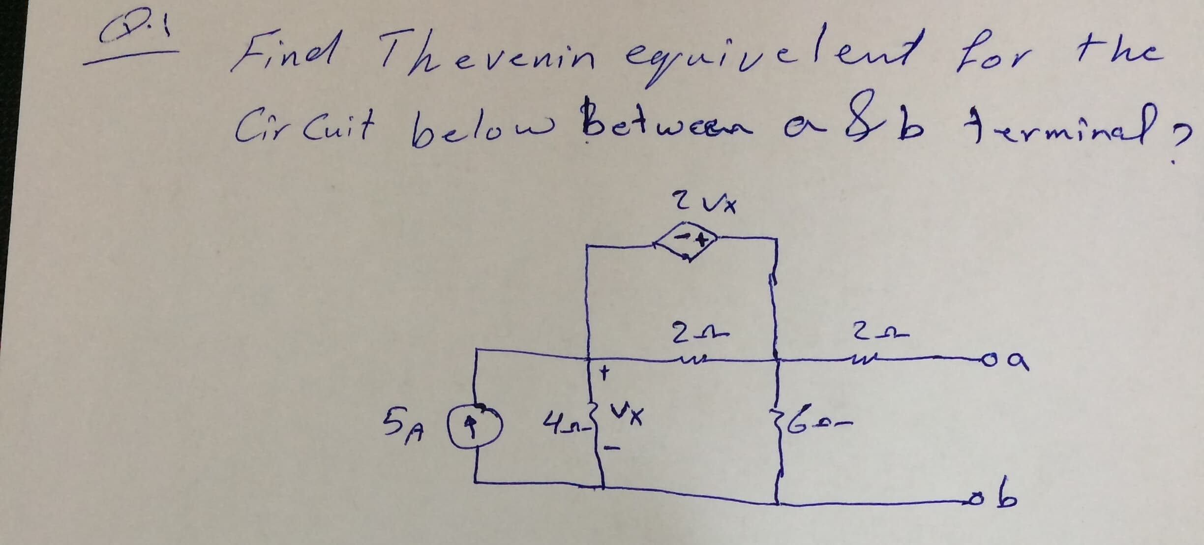 Find Thevenin eguivelent for the
Cir Cuit 2
below betweem a& b erminal
Z UX
5A (O
VX
360-
