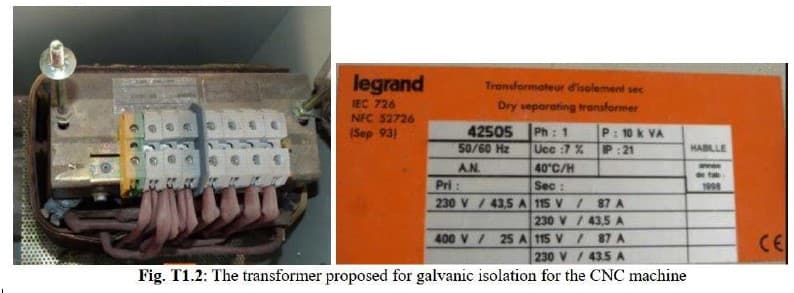 legrand
IEC 726
Transformateur d'isolement sec
Dry seporating transformer
NFC 52726
Ph: 1
Ucc :7 %
40 C/H
Sec :
230 V / 43,5A 115 V / 87 A
230 V / 43,5 A
400 V/ 25 A 115 V/ 87 A
230 V/ 43.5 A
42505
50/60 Hz
P: 10 k VA
P:21
(Sep 93)
HABLLE
AN.
de ta
Pri:
1998
CE
Fig. T1.2: The transformer proposed for galvanic isolation for the CNC machine
