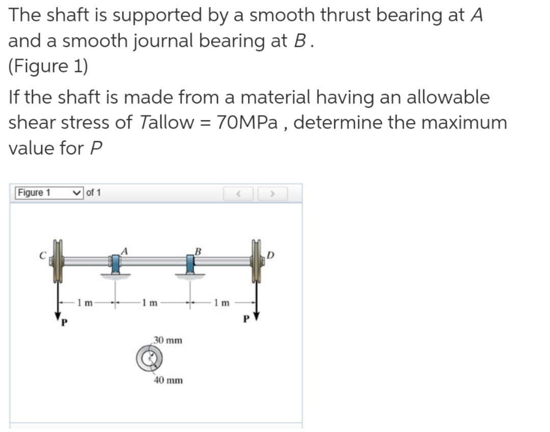 The shaft is supported by a smooth thrust bearing at A
and a smooth journal bearing at B.
(Figure 1)
If the shaft is made from a material having an allowable
shear stress of Tallow = 70MP , determine the maximum
value for P
Figure 1
of 1
1m
1m
1 m
30 mm
40 mm
