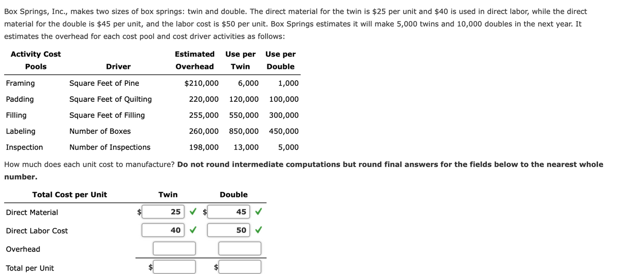 Box Springs, Inc., makes two sizes of box springs: twin and double. The direct material for the twin is $25 per unit and $40 is used in direct labor, while the direct
material for the double is $45 per unit, and the labor cost is $50 per unit. Box Springs estimates it will make 5,000 twins and 10,000 doubles in the next year. It
estimates the overhead for each cost pool and cost driver activities as follows:
Activity Cost
Estimated
Use per
Use per
Рols
Driver
Overhead
Twin
Double
Framing
Square Feet of Pine
$210,000
6,000
1,000
Padding
Square Feet of Quilting
220,000
120,000
100,000
Filling
Square Feet of Filling
255,000
550,000
300,000
Labeling
Number of Boxes
260,000
850,000 450,000
Inspection
Number of Inspections
198,000
13,000
5,000
How much does each unit cost to manufacture? Do not round intermediate computations but round final answers for the fields below to the nearest whole
number.
Total Cost per Unit
Twin
Double
Direct Material
2$
25
45
Direct Labor Cost
40
50
Overhead
Total per Unit
%24
