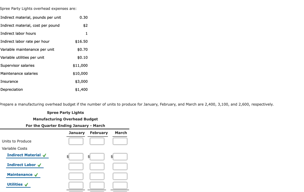 Spree Party Lights overhead expenses are:
Indirect material, pounds per unit
0.30
Indirect material, cost per pound
$2
Indirect labor hours
Indirect labor rate per hour
$16.50
Variable maintenance per unit
$0.70
Variable utilities per unit
$0.10
Supervisor salaries
$11,000
Maintenance salaries
$10,000
Insurance
$3,000
Depreciation
$1,400
Prepare a manufacturing overhead budget if the number of units to produce for January, February, and March are 2,400, 3,100, and 2,600, respectively.
Spree Party Lights
Manufacturing Overhead Budget
For the Quarter Ending January - March
January
February
March
Units to Produce
Variable Costs
Indirect Material
Indirect Labor
Maintenance
Utilities
