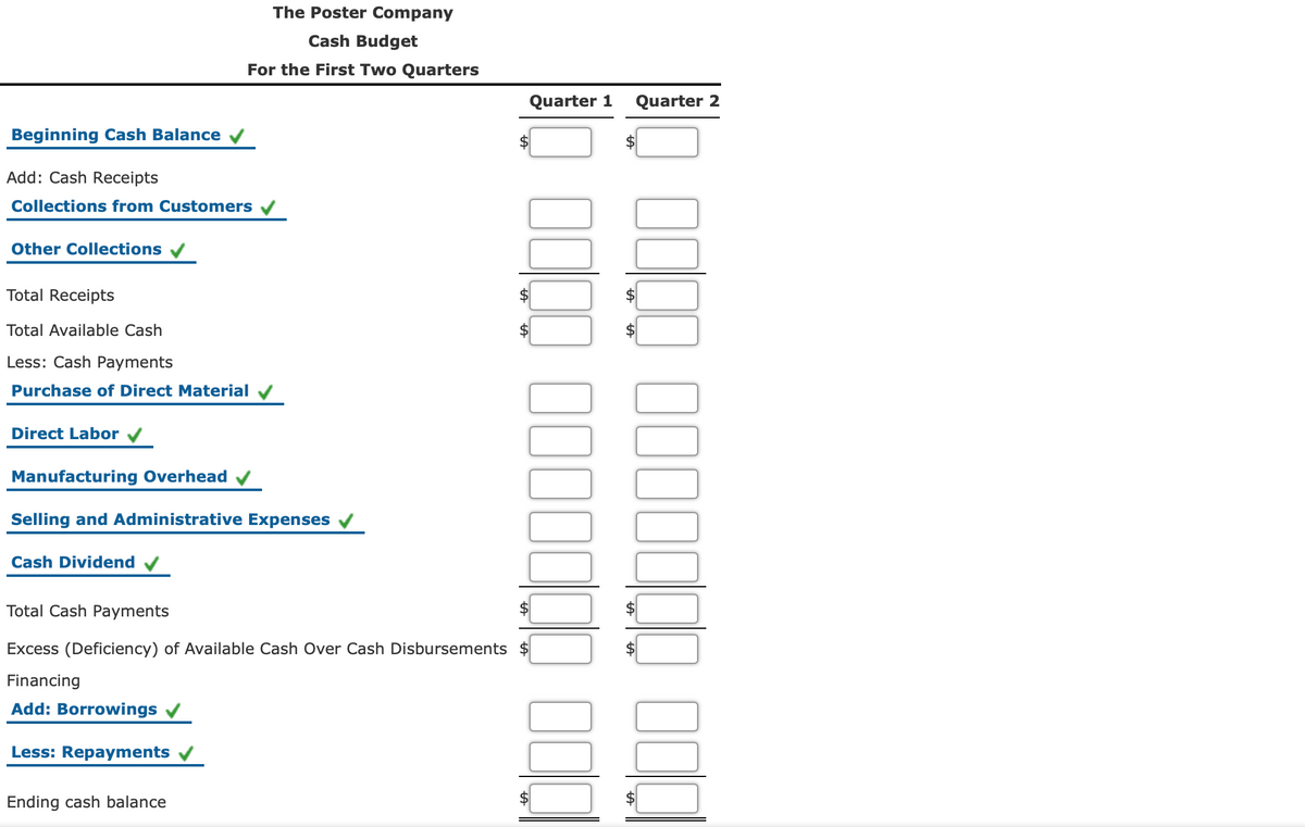 The Poster Company
Cash Budget
For the First Two Quarters
Quarter 1
Quarter 2
Beginning Cash Balance
Add: Cash Receipts
Collections from Customers
Other Collections
Total Receipts
Total Available Cash
Less: Cash Payments
Purchase of Direct Material
Direct Labor
Manufacturing Overhead
Selling and Administrative Expenses v
Cash Dividend
Total Cash Payments
Excess (Deficiency) of Available Cash Over Cash Disbursements $
Financing
Add: Borrowings
Less: Repayments
Ending cash balance
