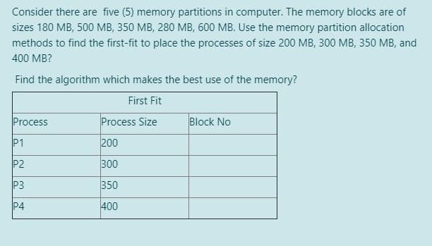 Consider there are five (5) memory partitions in computer. The memory blocks are of
sizes 180 MB, 500 MB, 350 MB, 280 MB, 600 MB. Use the memory partition allocation
methods to find the first-fit to place the processes of size 200 MB, 300 MB, 350 MB, and
400 MB?
Find the algorithm which makes the best use of the memory?
First Fit
Process
Process Size
Block No
P1
200
P2
300
P3
350
P4
400
