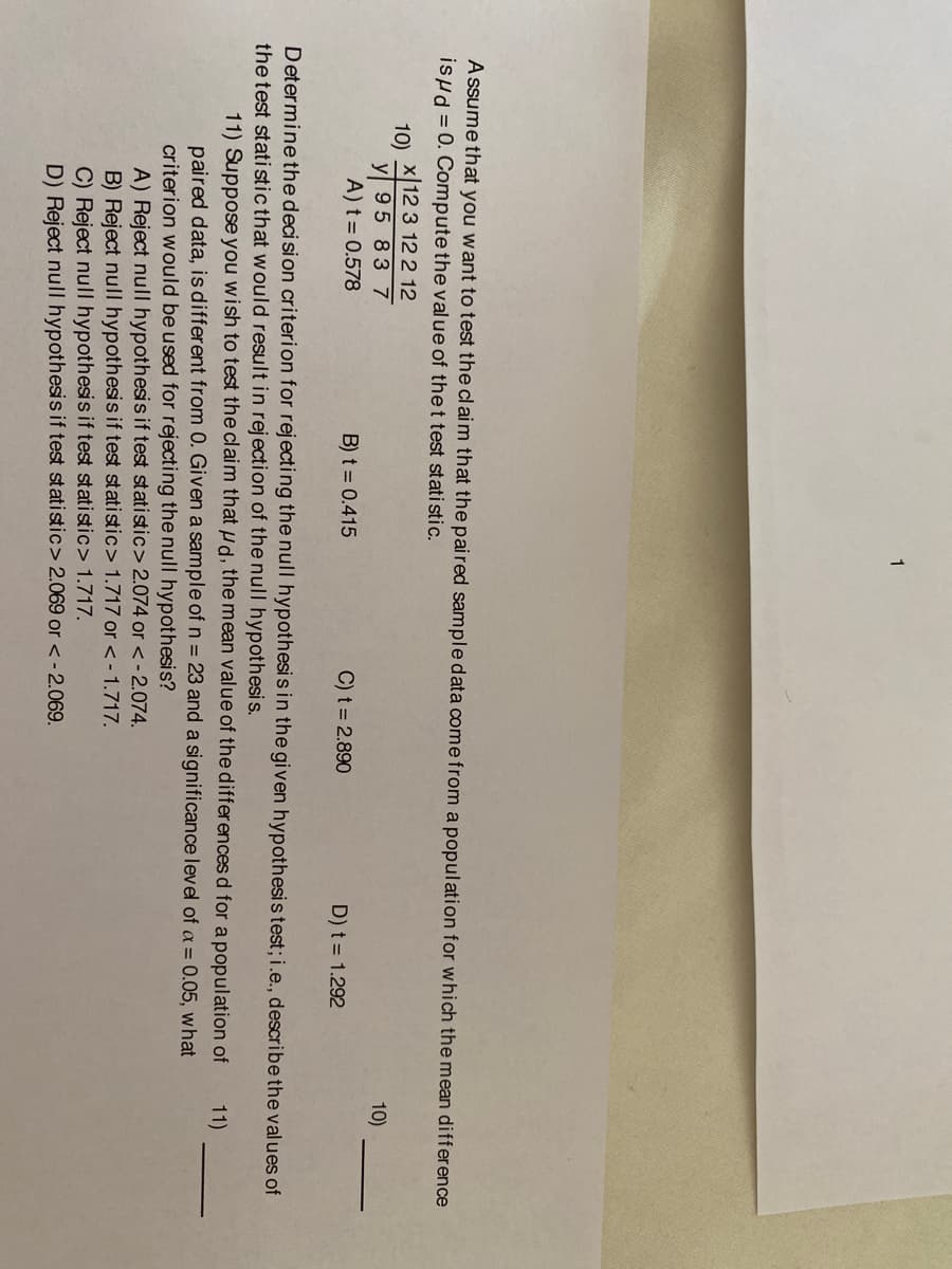 1
A ssume that you want to test the claim that the paired sample data come from a population for which the mean difference
is#d = 0. Compute the value of thet test stati stic.
10) X 12 3 12 2 12
95 837
10)
A) t = 0.578
B) t = 0.415
C) t = 2.890
D) t = 1.292
Determine the deci si on criterion for rejecting the null hypothesis in the given hypothesis test; i.e., describe the values of
the test stati stic that would result in rej ection of the null hypothesi s.
11) Suppose you wish to test the claim that µd, the mean value of the differences d for a population of
11)
paired data, isdifferent from 0. Given a sample of n = 23 and a significance level of a = 0.05, what
criterion would be used for rejecting the null hypothesis?
A) Reject null hypothesis if test statistic> 2.074 or < - 2.074.
B) Reject null hypothesis if test statistic> 1.717 or <- 1.717.
C) Reject null hypothesis if test statistic> 1.717.
D) Reject null hypothesis if test statistic> 2.069 or < - 2.069.
