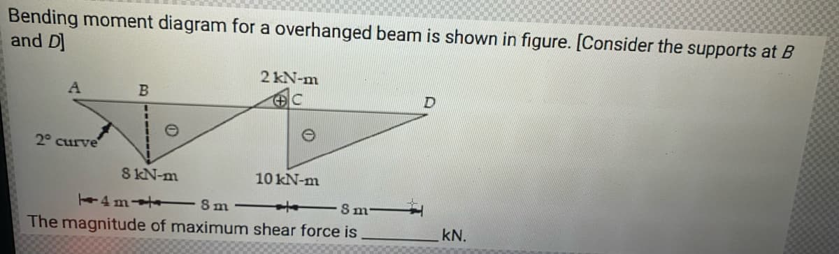 Bending moment diagram for a overhanged beam is shown in figure. [Consider the supports at B
and D
A
2° curve
B
2 kN-m
U
8 kN-m
4m8m
8 m
The magnitude of maximum shear force is
10 kN-m
D
kN.