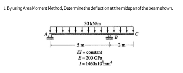 1. By using Area Moment Method, Determine the deflection at the midspan of the beam shown.
30 kN/m
-5 m-
El = constant
E = 200 GPa
I=1460x10 mm¹
B
-2 m-
C