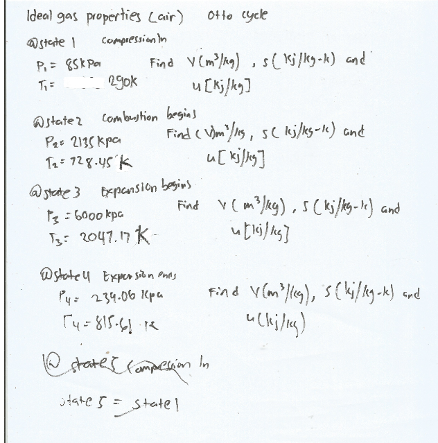 Ideal gas properties Cair)
0tto cycle
@stete I
Compiession n
P,= ESk Pa
Find V (m/ag) , s( s;/kg-k) and
2gok
u [Kjkg]
Astate2
Com bustion begin s
Find c Wm"/1s, sc kjlks-k) and
PaE 2135 Kpa
T2= 128.45 k
@ stente 3
Expansion begins
Find r (m?/eg),S(kjlky-k) and
: 6000 kpa
Tz: 2047.17 K-
Dstate u txper sidn Pnas
Py: 239-06 (pa
Find V(m?lleg), s {ki/hg-k) and
@
states fompecion In
jtate 5 =
State!
%3D
