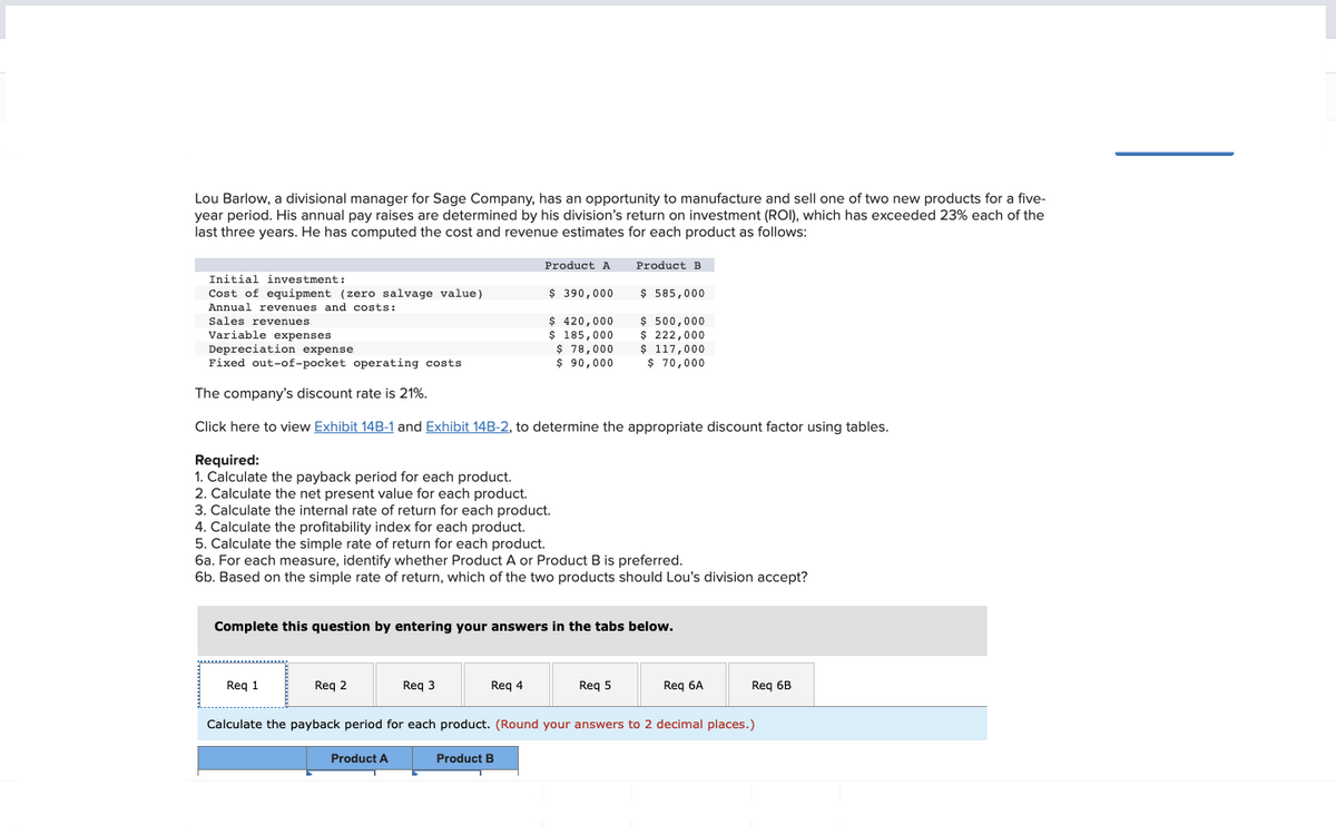 Lou Barlow, a divisional manager for Sage Company, has an opportunity to manufacture and sell one of two new products for a five-
year period. His annual pay raises are determined by his division's return on investment (ROI), which has exceeded 23% each of the
last three years. He has computed the cost and revenue estimates for each product as follows:
Initial investment:
Cost of equipment (zero salvage value)
Annual revenues and costs:
Sales revenues
Variable expenses
Depreciation expense
Fixed out-of-pocket operating costs
The company's discount rate is 21%.
Click here to view Exhibit 14B-1 and Exhibit 14B-2, to determine the appropriate discount factor using tables.
Req 1
Req 2
Required:
1. Calculate the payback period for each product.
2. Calculate the net present value for each product.
3. Calculate the internal rate of return for each product.
4. Calculate the profitability index for each product.
5. Calculate the simple rate of return for each product.
6a. For each measure, identify whether Product A or Product B is preferred.
6b. Based on the simple rate of return, which of the two products should Lou's division accept?
Product A
Complete this question by entering your answers in the tabs below.
Req 3
Product A
Req 4
$ 390,000
$ 420,000
$ 185,000
$ 78,000
$90,000
Product B
Product B
$ 585,000
$ 500,000
$ 222,000
$ 117,000
$ 70,000
Req 5
Req 6A
Calculate the payback period for each product. (Round your answers to 2 decimal places.)
Req 6B