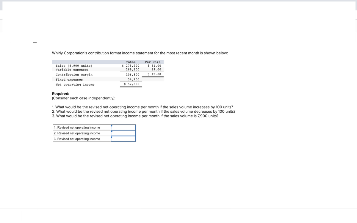 Whirly Corporation's contribution format income statement for the most recent month is shown below:
Per Unit
$31.00
19.00
$ 12.00
Sales (8,900 units)
Variable expenses
Contribution margin
Fixed expenses
Net operating income
Required:
(Consider each case independently):
Total
$ 275,900
169,100
106,800
54,200
$ 52,600
1. What would be the revised net operating income per month if the sales volume increases by 100 units?
2. What would be the revised net operating income per month if the sales volume decreases by 100 units?
3. What would be the revised net operating income per month if the sales volume is 7,900 units?
1. Revised net operating income
2. Revised net operating income
3. Revised net operating income