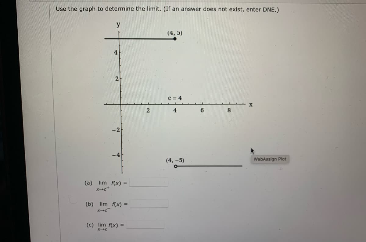 Use the graph to determine the limit. (If an answer does not exist, enter DNE.)
y
4
-2
(a) lim f(x) =
x-c+
(b) lim f(x) =
X-C
(c) lim f(x) =
X-C
2
(4, 5)
C = 4
4
(4,-5)
6
8
X
WebAssign Plot