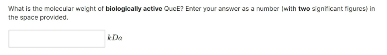 What is the molecular weight of biologically active QueE? Enter your answer as a number (with two significant figures) in
the space provided.
kDa