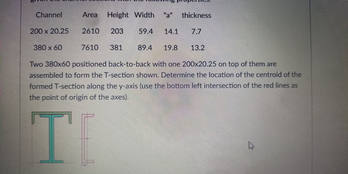 Channel
Area
Height Width
"a"
thickness
200 x 20.25
2610
203
59.4
14.1
7.7
380 x 60
7610
381
89.4
19.8
13.2
Two 380x60 positioned back-to-back with one 200x20.25 on top of them are
assembled to form the T-section shown. Determine the location of the centroid of the
formed T-section along the y-axis (use the bottom left intersection of the red lines as
the point of origin of the axes).
